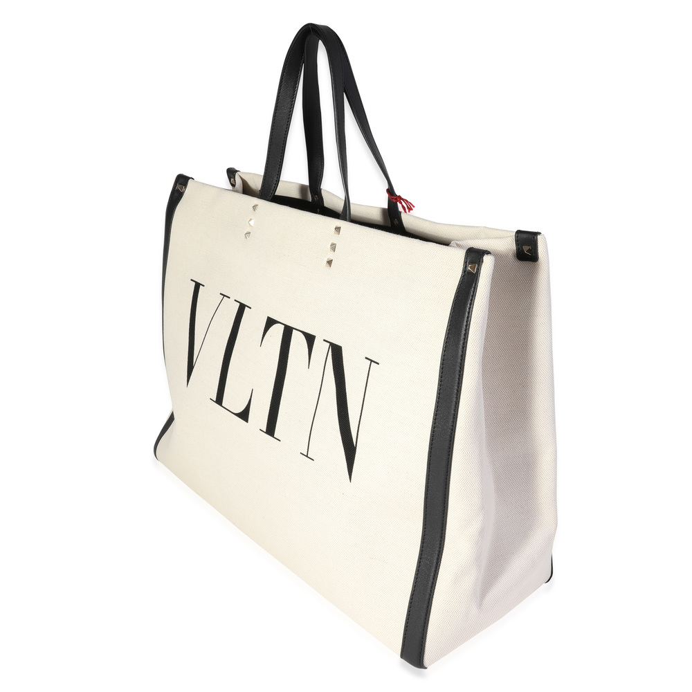 Valentino Natural Canvas & Black Leather VLTN Large Tote - Picture 4 of 7